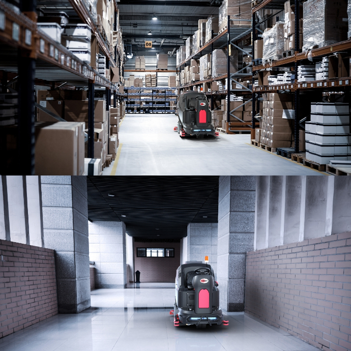 AS1050R Scrubber Cleaning Different Applications Viper AS1050R Ride On Scrubber Dryer in warehouse and university hallway